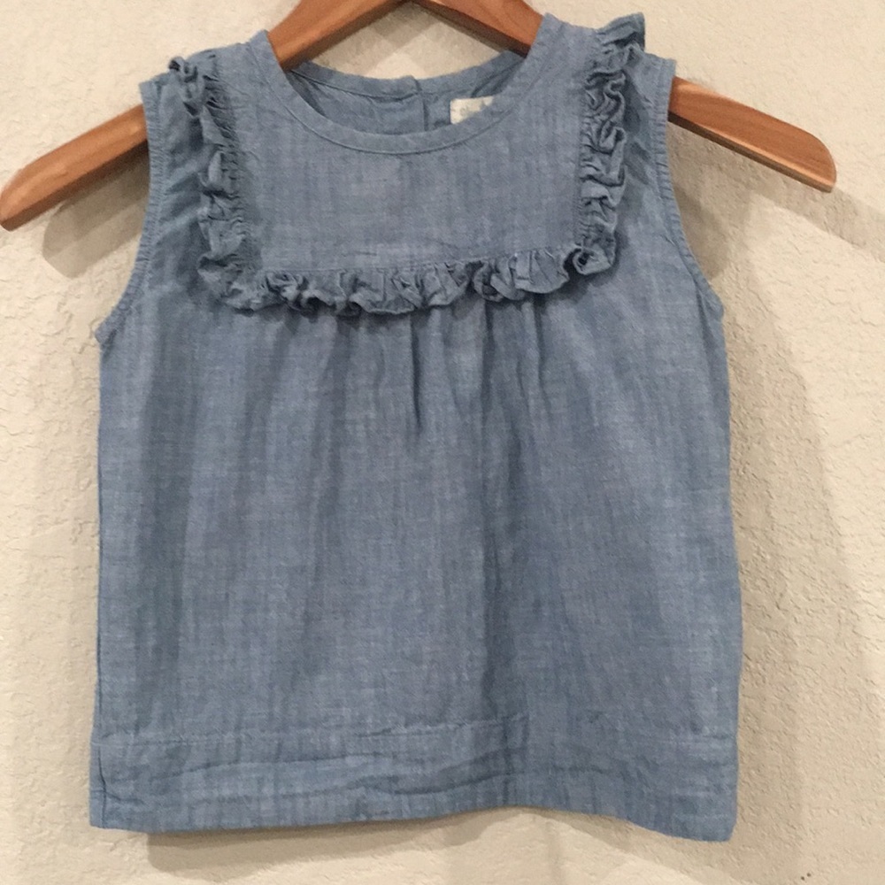 Olive Juice Girls Sz 8 Blue Chambray Ruffle Blouse Tank Top 100% Cotton Designer